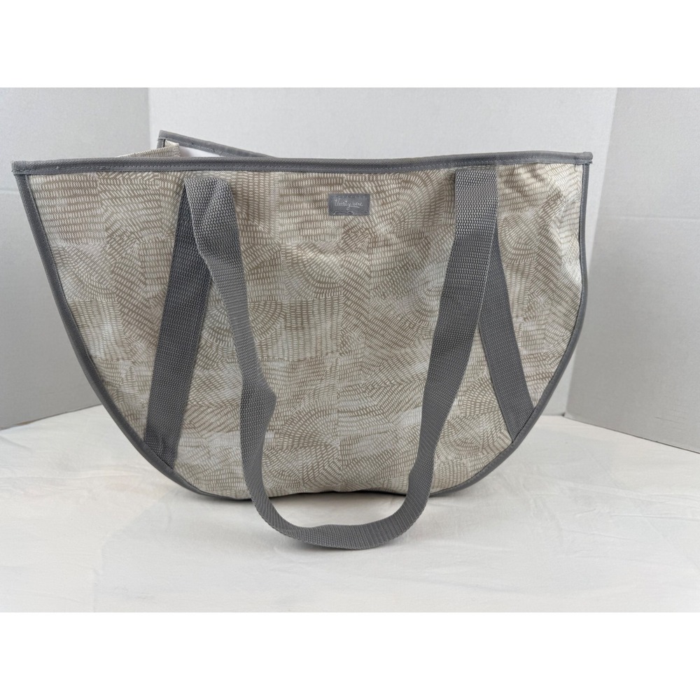 Thirty-One Round Utility Tote Bag Tan Gray Geometric Print Mesh Pocket Organizer